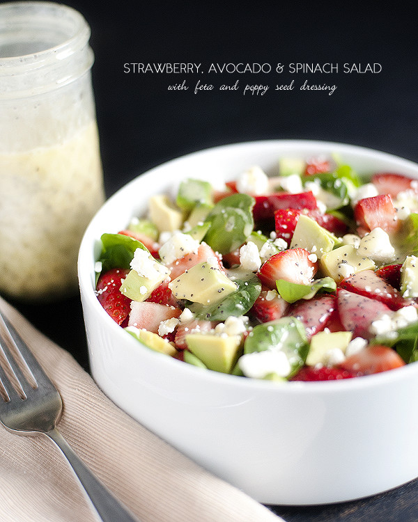 Strawberry, Avocado & Spinach Salad with Feta and Poppy Seed Dressing