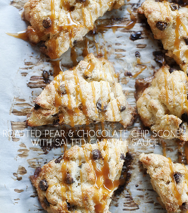 Roasted Pear & Chocolate Chip Scones with Salted Caramel Sauce