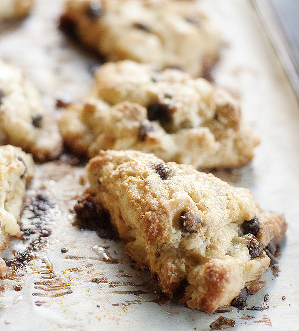 Roasted Pear & Chocolate Chip Scones with Salted Caramel Sauce