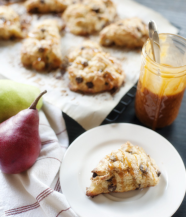 Roasted Pear & Chocolate Chip Scones with Salted Caramel Sauce
