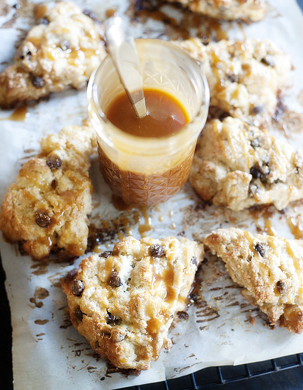 Roasted Pear & Chocolate Chip Scones with Salted Caramel Sauce
